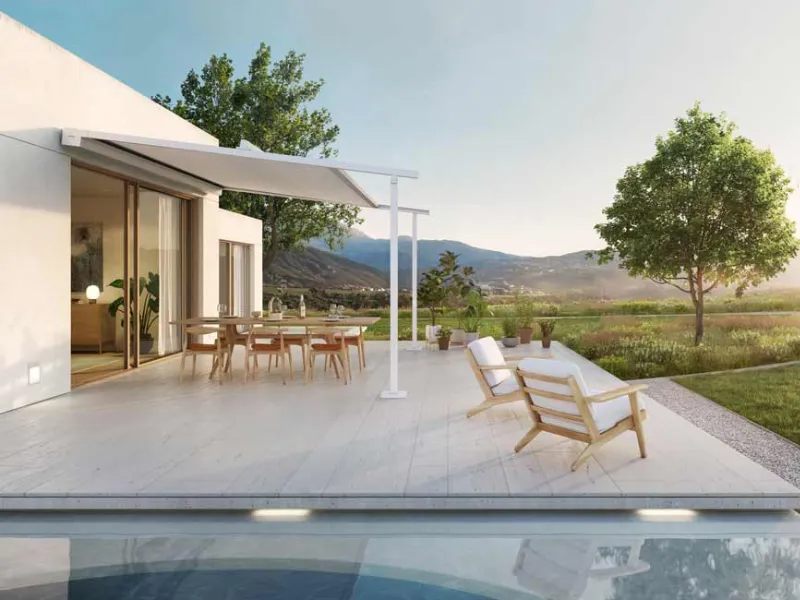 Graue Pergola Markise über der Sitzecke auf der Terrasse