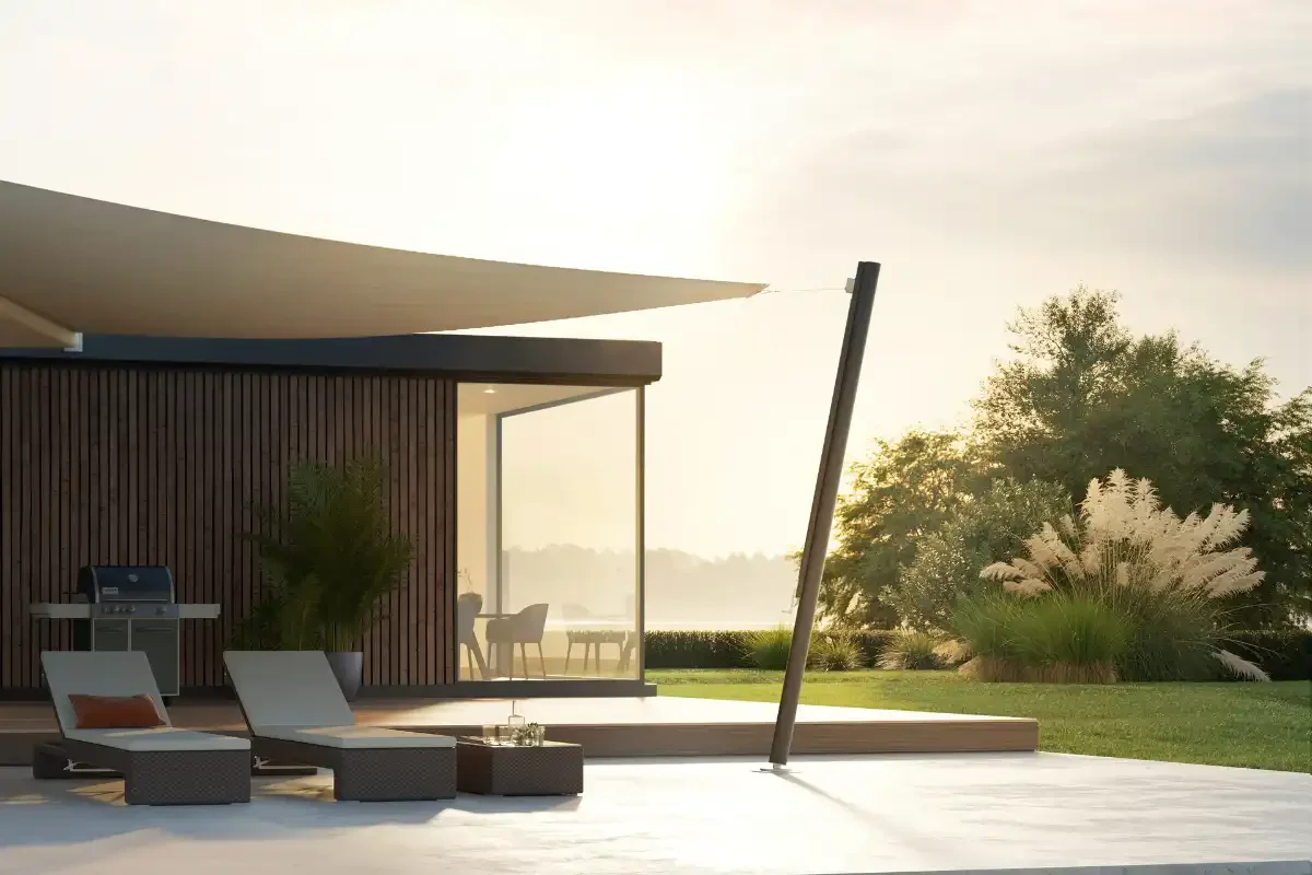 Beiges Sonnensegel neben dem Haus über der Liege